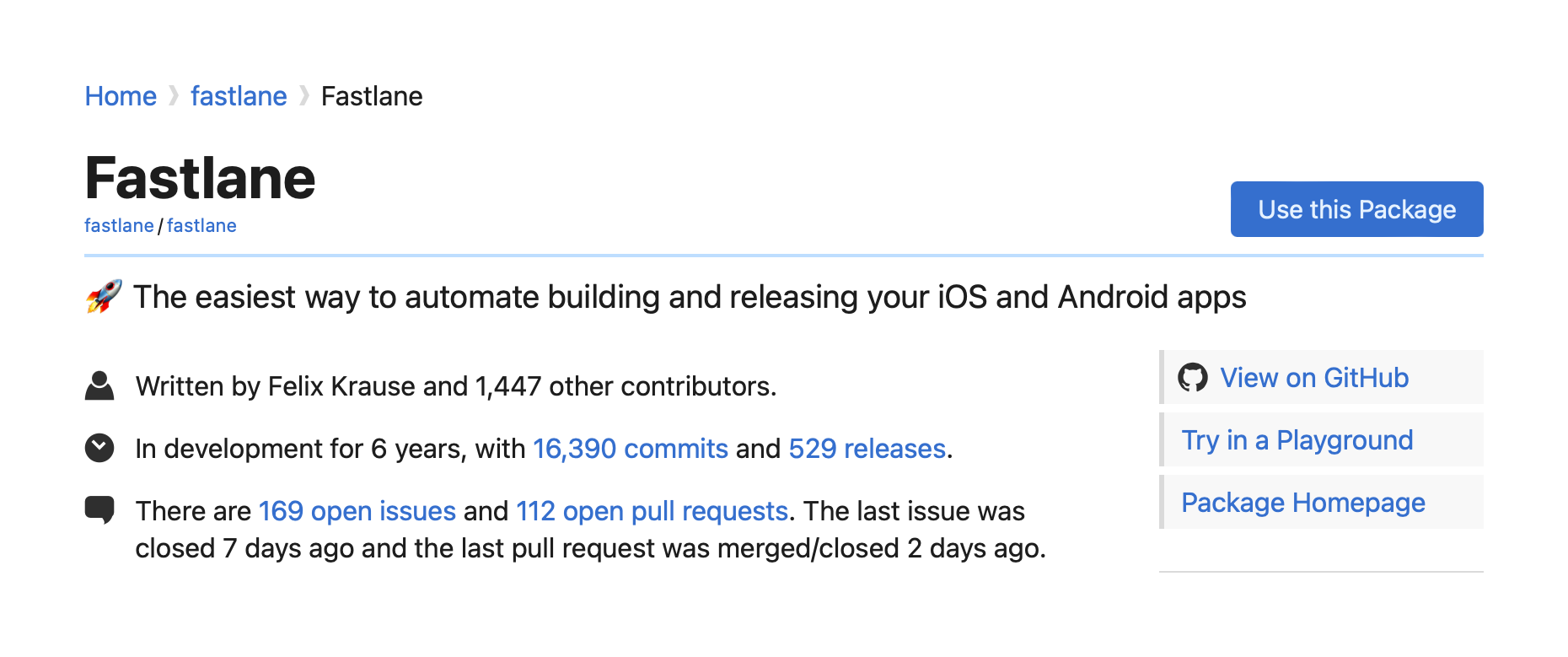 The Swift Package Index site showing author metadata for the fastlane package.