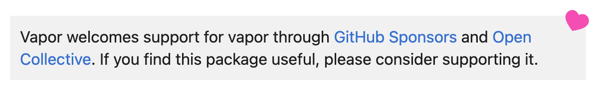 Package funding links for the Vapor package on Swift Package Index.