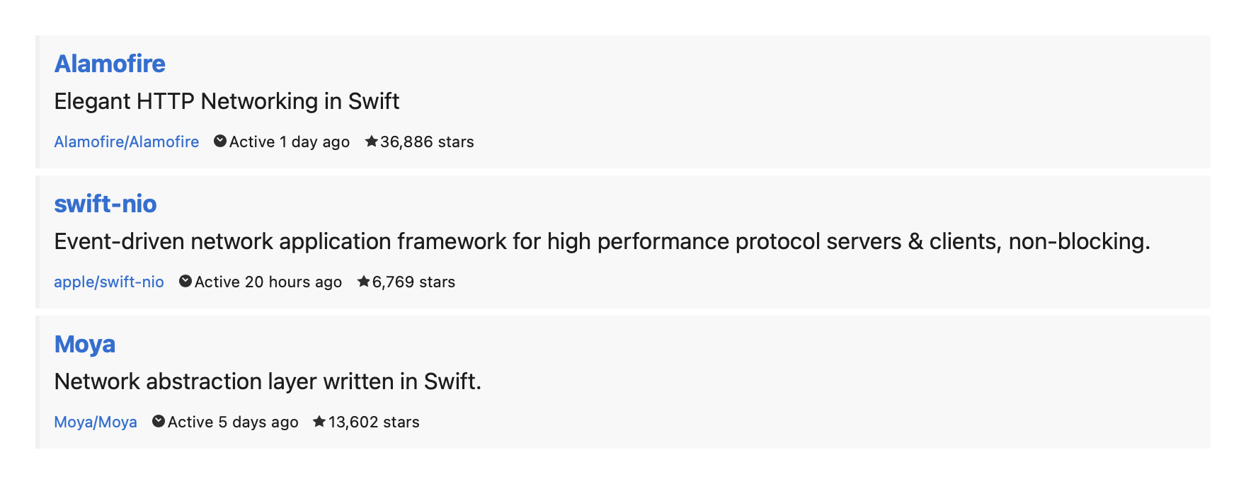 Search results that include the number of stars a package has and when the repository last had maintenance activity, in addition to the standard metadata.