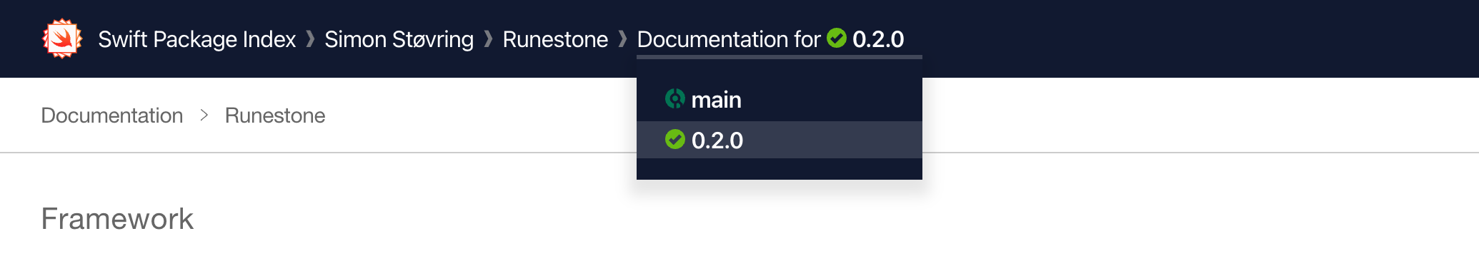 Package documentation showing a drop-down menu with both the latest tagged release and the default branch version.