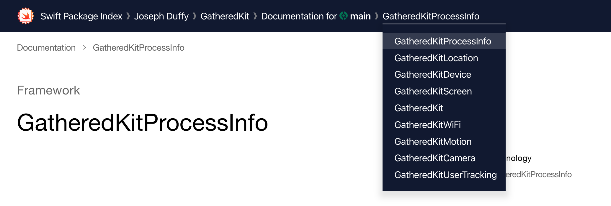 Package documentation showing a drop-down menu with multiple documentation archives generated from one package.