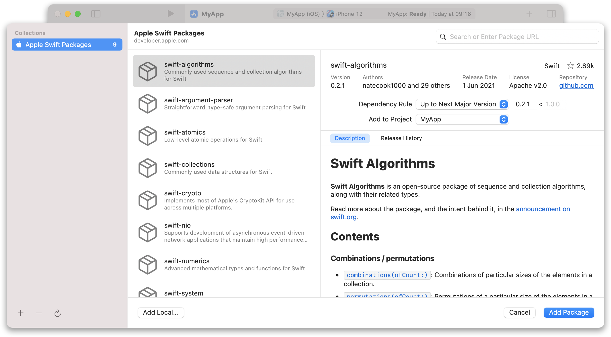 Xcode 13 showing the package collection manager.